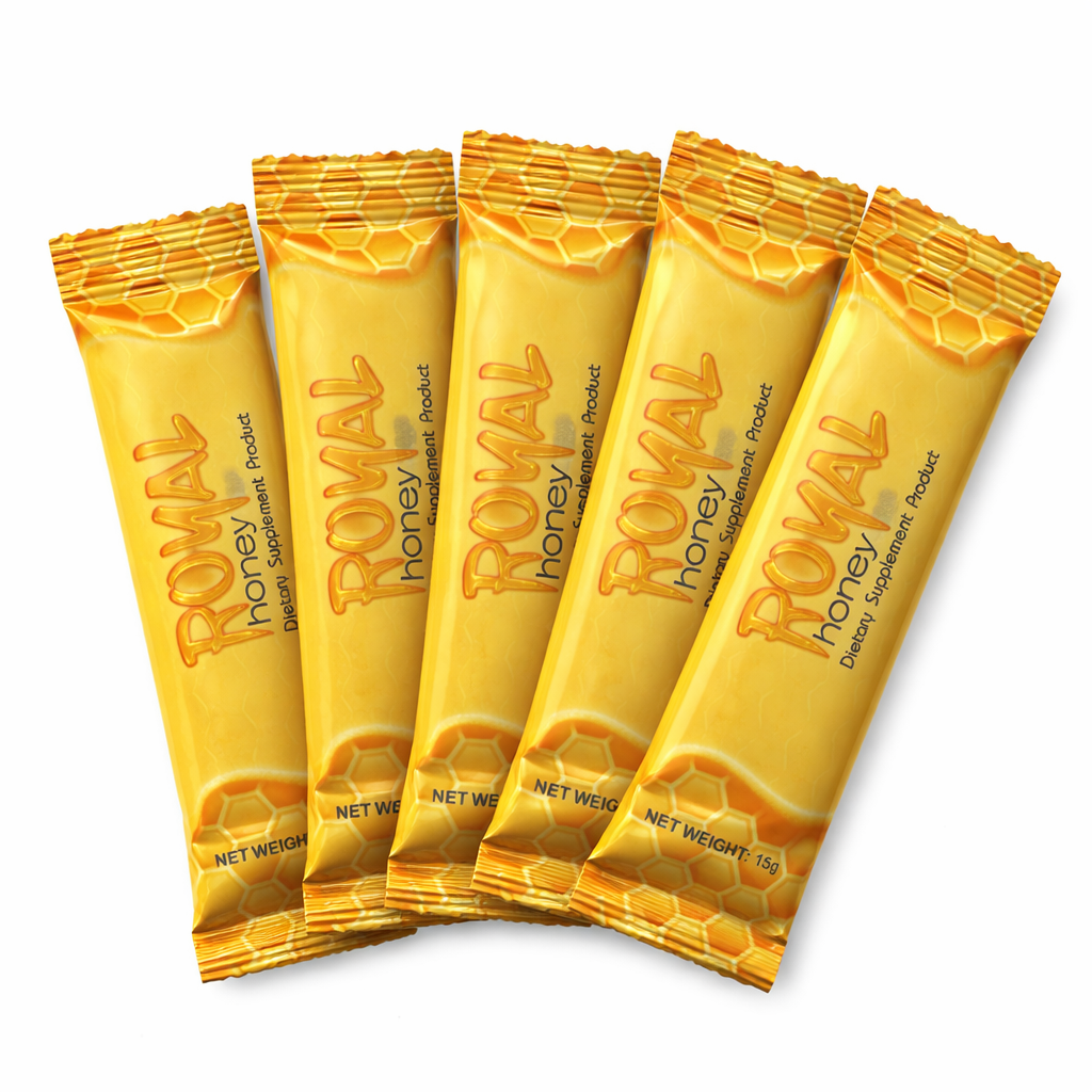 Miel aphrodisiaque puissant pour homme Royal Honey Gold / miel aphrodisiaque homme 100 % naturel au ginseng, formule intense et efficace – 10 sachets